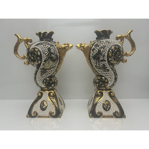 Pair of gilded Rococo majolica decor ewers lamps reticulated hand painted Italy - Picture 2 of 16